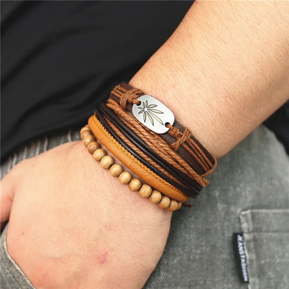 Fashion Maple Leaf Multilayer Leather Bracelet Braided Handmade Charm Femme Homme Bead Wrap Women Men Bracelets & Bangles Male