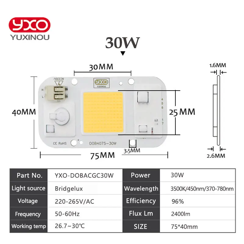 SMD COB Spotlight AC 220V DOB Led Bulb Chip Beans Smart IC 20W 30W 50W Energy Saving Outdoor Lamp White/Warm Supper Bright Light