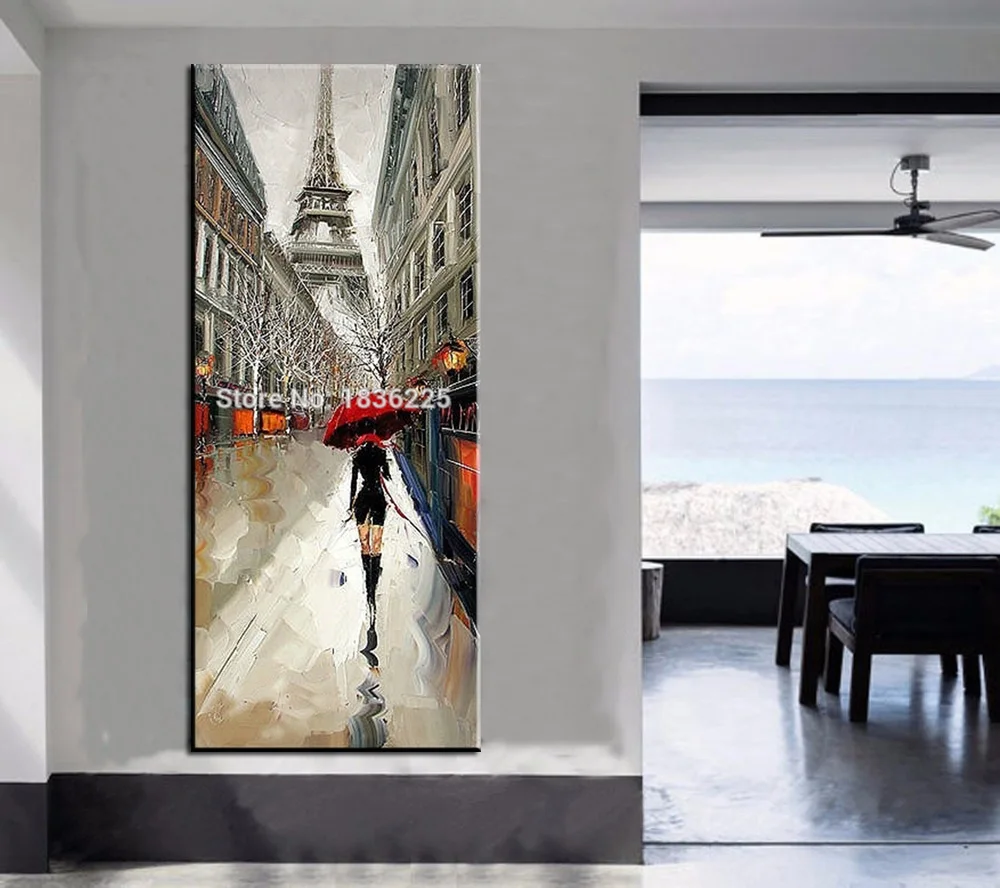 

beautiful girl hold umbrella under Eiffel knife modern streetscape oil painting on canvas handmade wall pictures for living room