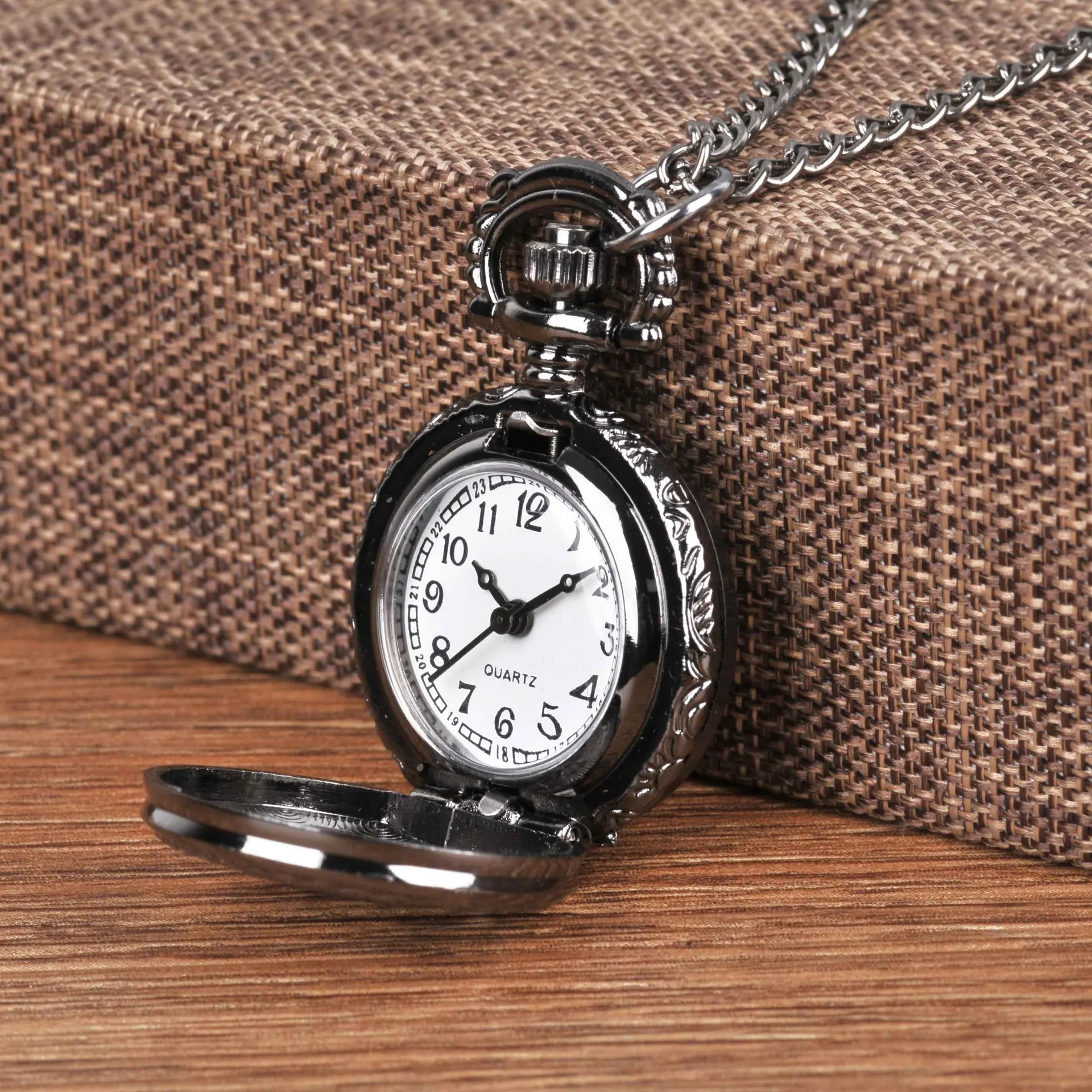 6009    Small pocket watch black cobweb retro vintage classic with necklace