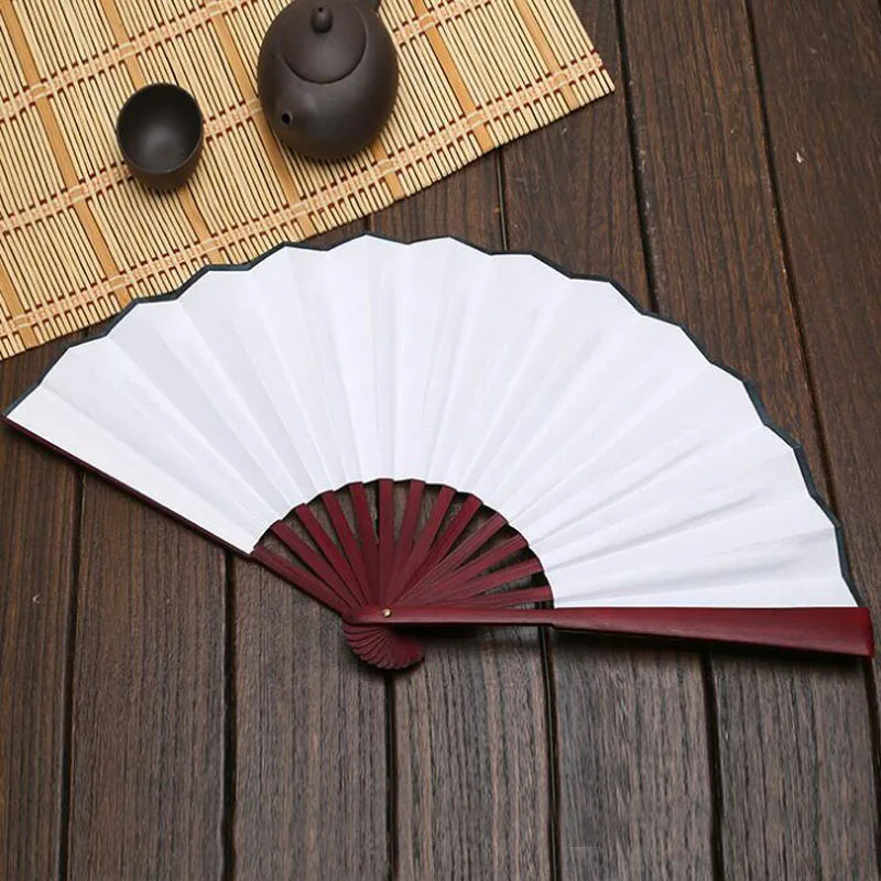 50pcs Large 33cm Folding Fan Black White Cloth Wooden Hand Fans DIY Craft Art Planting Ornaments Men's Outdoor Handfan ZA6334