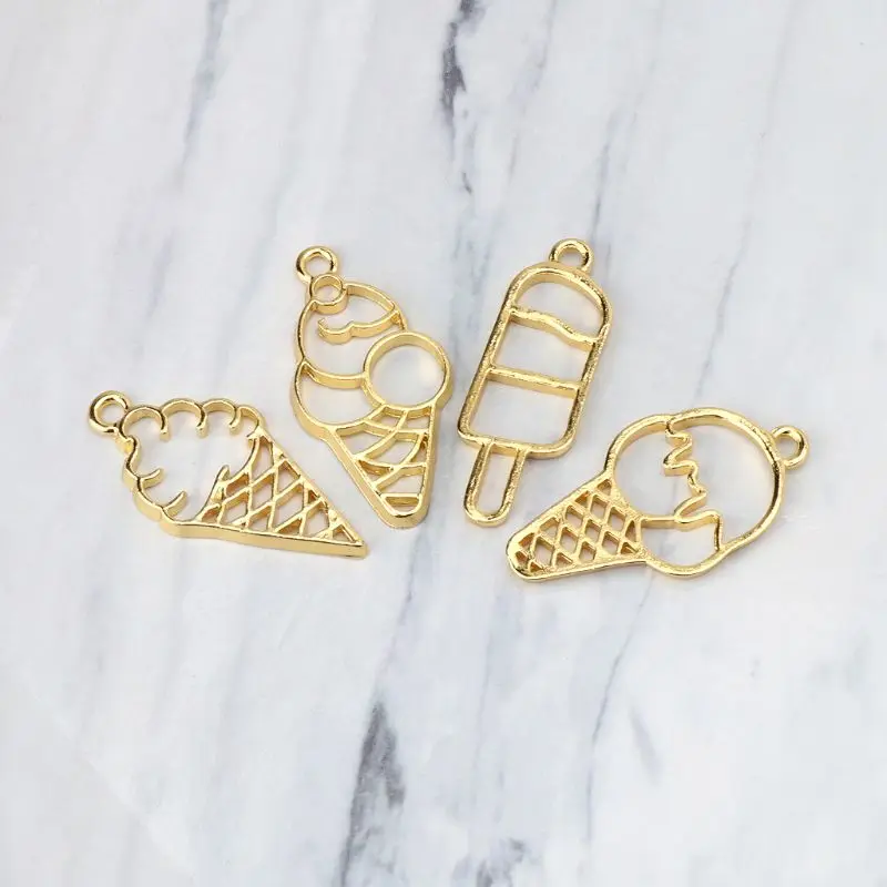 4Pcs Sweet Ice-Cream Food Metal Frames Pendant Blank Bezel UV Resin Jewelry DIY