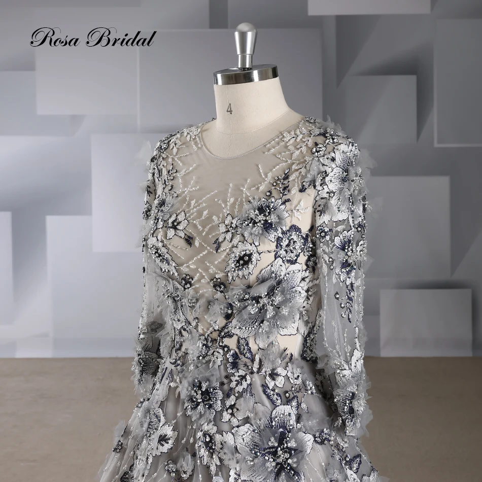 Rosabridal-Vestido De Noiva De Renda Preta, Manga Comprida, O-Neck, Flower Beading Apliques, Novo