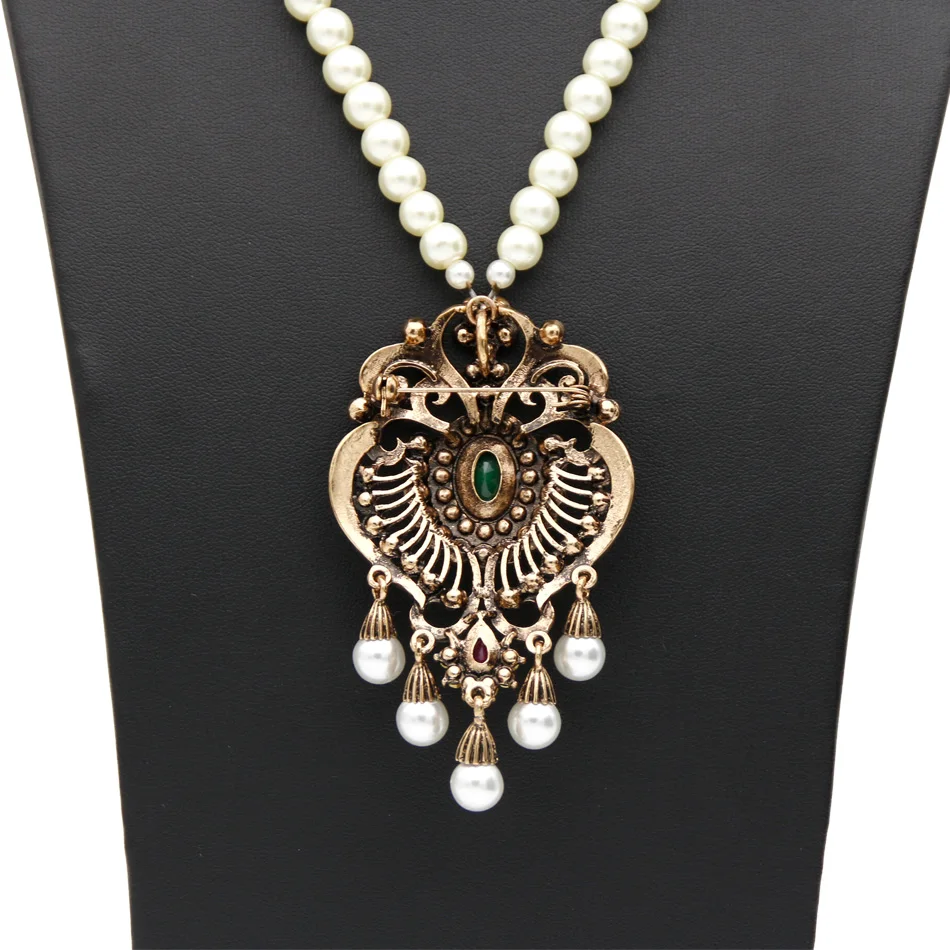 Vintage Flower Strand Bead Pendant Necklace Set Women Antique Simulated-pearl Chain Turkish Bridal Indian Wedding Resin Jewelry