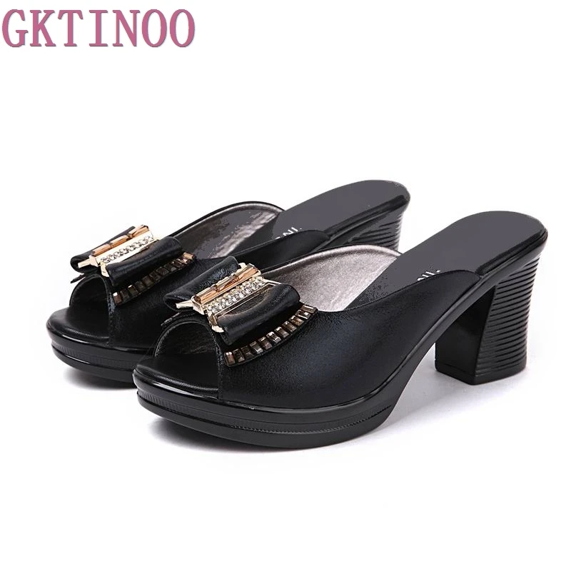 2024 Women Sandals Women Slippers Genuine Leather Rhinestone Thick High-heeled Color Block Decoration Open Toe Women Sandals