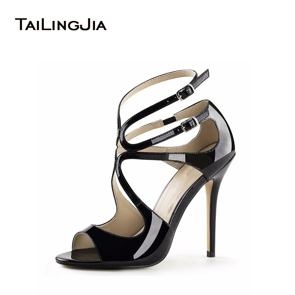 2020 Peep Toe Shiny Black Strappy Sandals Ankle Strap Stilettos Silver Gold Elegant Heels Patent Leather Woman Summer Shoes