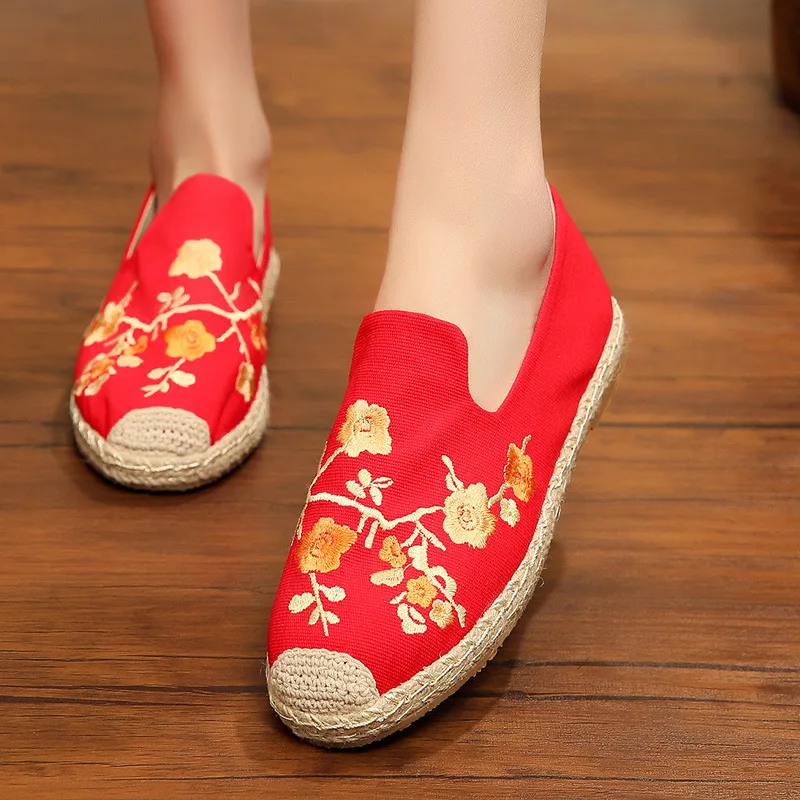 summer thick  shoes womens flat heel round head plum womens shoes female Cotton Hemp Womens shoes shredded flower craft shoes