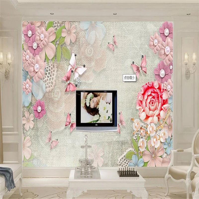 beibehang beautiful retro pearl flower butterfly pearl papel de parede 3d TV contracted large mural wall papers home decor