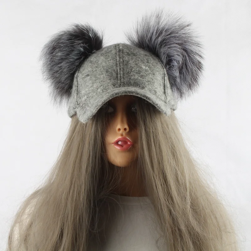 Real Silver Fox Fur Pompom Winter Hat For Women Kids Cartoon Two Pom Poms Baseball Caps Brand Snapback Hip hop Hat Cap