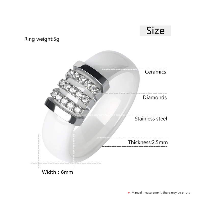 Fashion Black White Unique Rings Women 6mm Ceramic Ring For Women Pave Crystal Comfort Wedding Rings Engagement Brand Jewelry