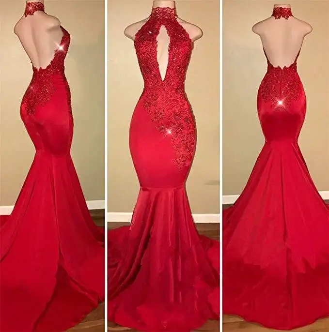 

Red Mermaid Prom Dresses for African Black Girls 2023 Vestido De Festa Sexy Backless Halter Lace Runway Fashion Party Gowns