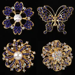 DIEZI Korean Gold Color Blue Crystal Brooches for Wedding Women Party Dress Rhinestone Bridal Bouquet Flower Bowknot Brooch pins