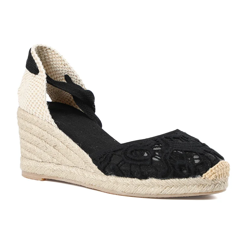 Wedges Shoes Sandals 2021sale Sapato Feminino Elegant Lace Strap Tienda Soludos Floral Crochet Wrap Slingback Espadrille Wedge