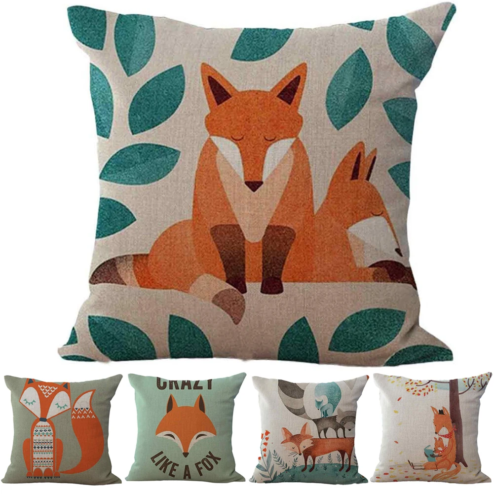 Cartoon Fox Pattern Linen Cushion Case Throw Pillow Cover Home Decration 45x45cm