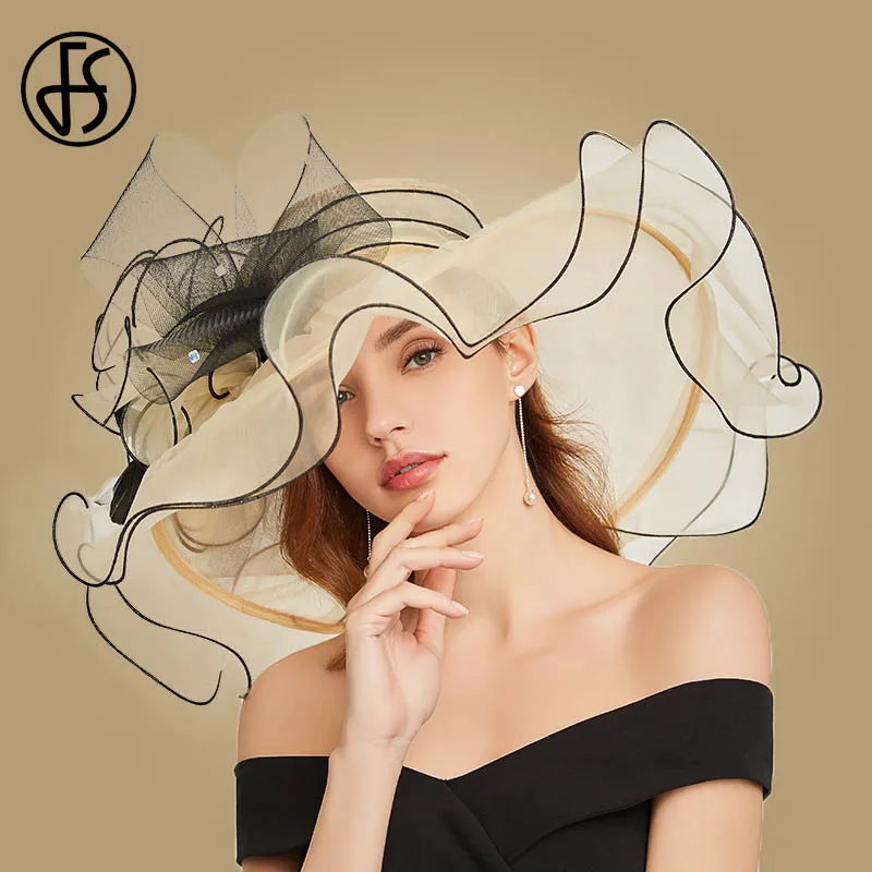 

FS Big Flower Sun Hats For Women Beach Beige Organza Tea Party Hat Elegant Ladies Church Kentucky Derby Wide Brim Fedoras