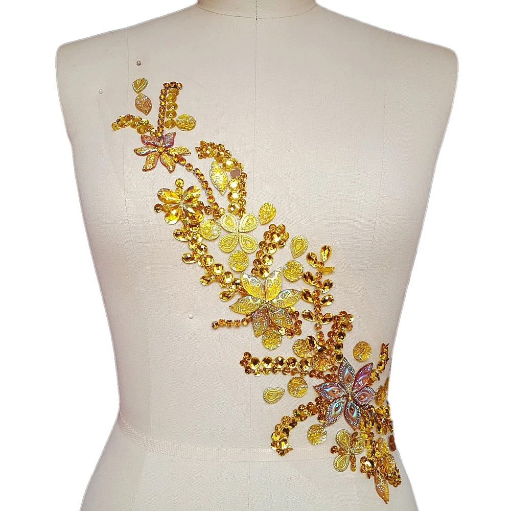 GORGEOUS 10x24cm Yellow Crystal Rhinestone Beaded Designer Patches Sew-on Applique Sequins DIY Wedding for Belt Waist Decoration