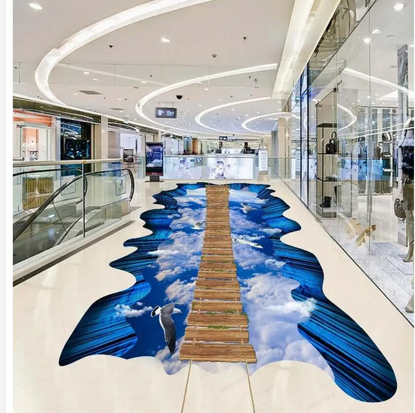 

Home Decoration Blue sky and white clouds wooden walkway exhibition hall 3D floor pvc floor wallpaper