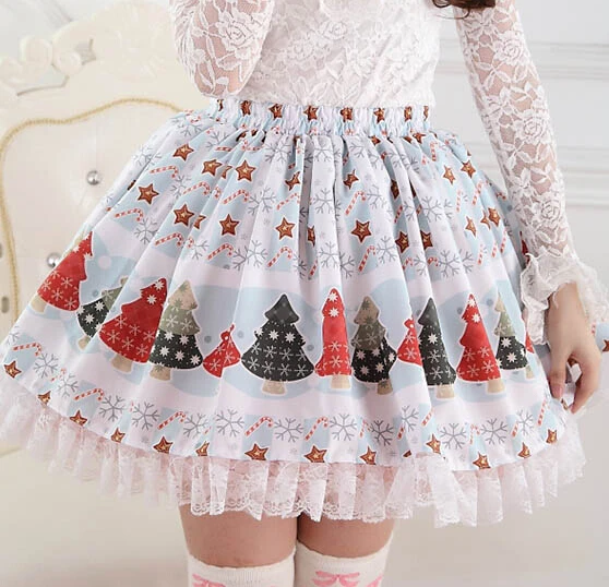 

Christmas Women Skirts Winter Christmas Tree Print Super Cute Lolita Princess Skirt Girls New Year Party High Quality Bottoms