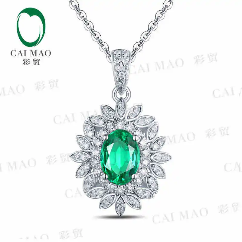 CaiMao Natural 0.82 ct Emerald 18KT/750 White Gold 0.26 ct Round Cut Diamond Jewelry Pendant Gemstone