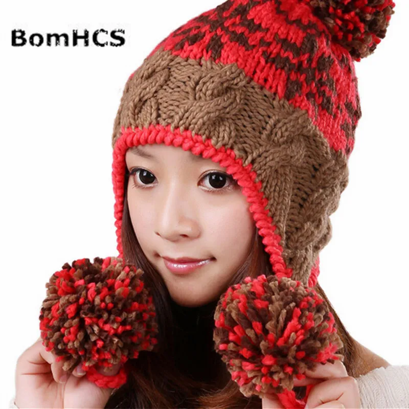 BomHCS Fashion New Winter Warm Ski Ear Muff Beanie Women Lady Handmade Wool Knitted Hat  Cap