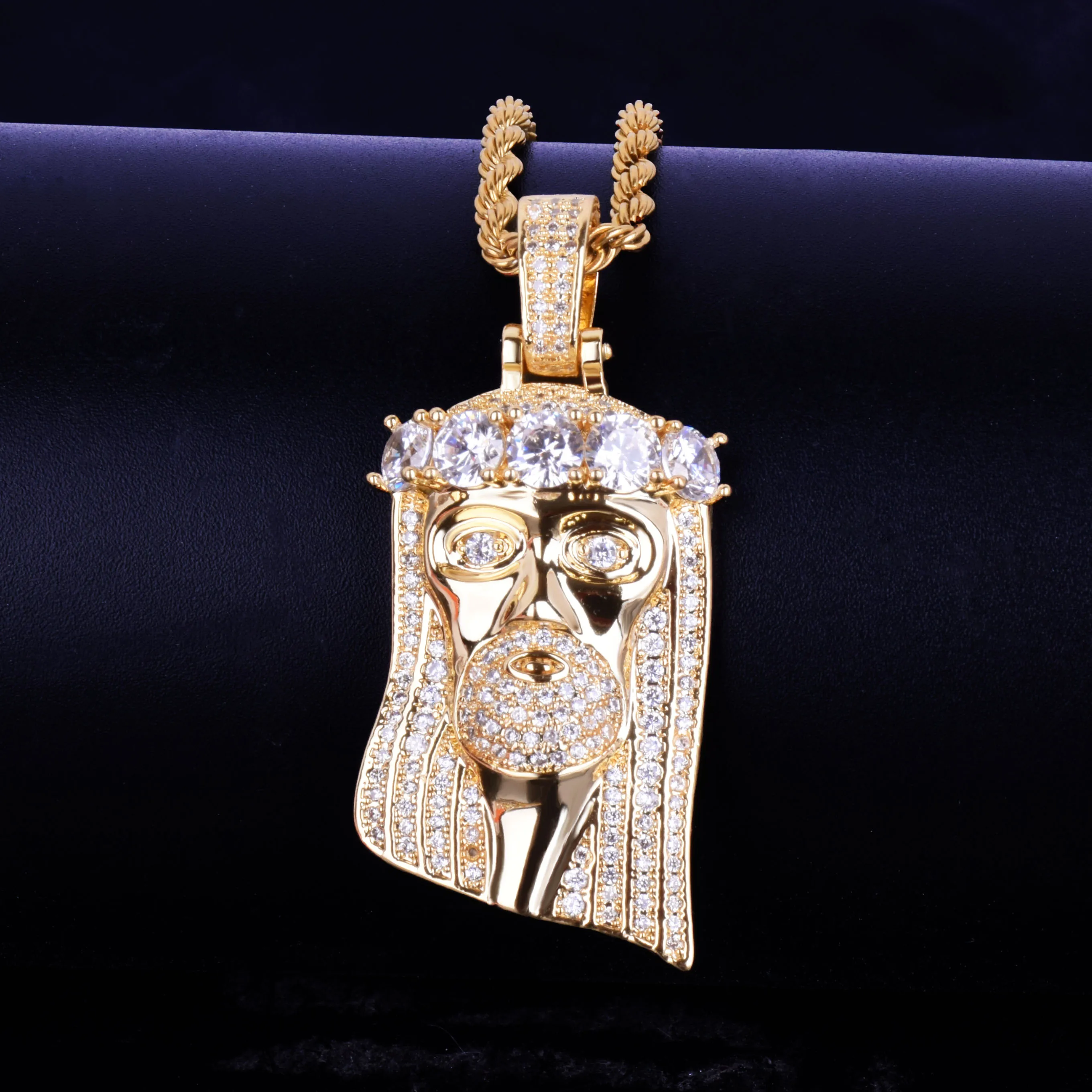 Bubble Letter Iced Religious Jesus Head Pendant Necklace Gold Color Bling Cubic Zircon Men\'s Hip Hop Jewelry For Gift