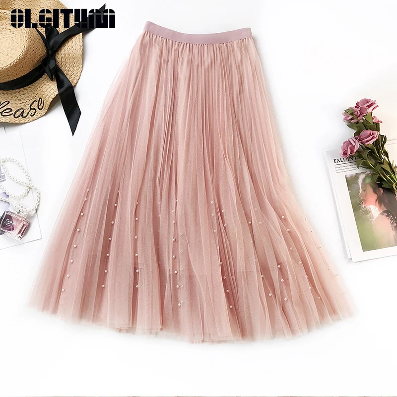 Three-layer Mesh Tulle Skirt Women 2020 Summer Pleated Beading Tutu Skirt A-line Knee-length High Waist Mesh Midi Skirt Female