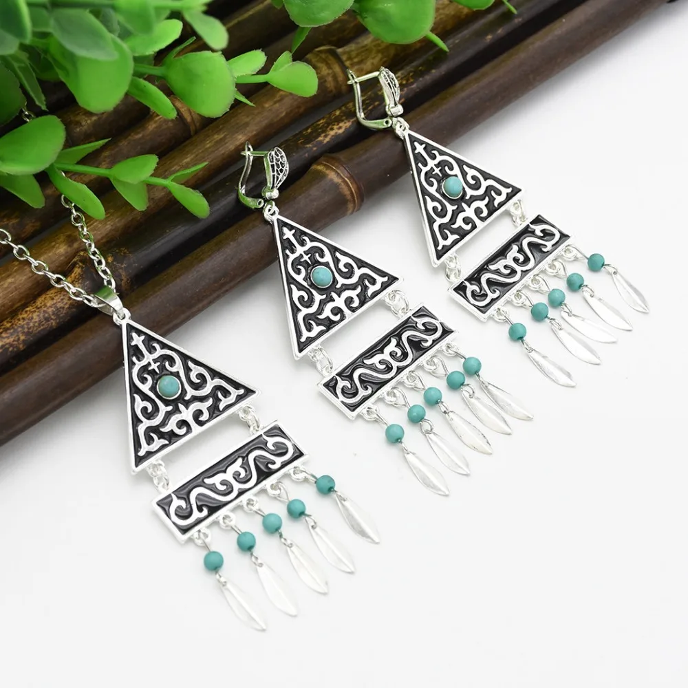 Bohemian Vintage Rhinestone Small Leaves Tassel Necklace Earrings Charms Fashion Jewelry Sets Large Ethnic Drop Earrings