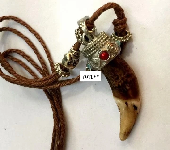 10 pcs Vintage Women Men Tibet Amulet Real Brown Wolf Teeth Fangs Pendant Surfer Rope Chain Necklace