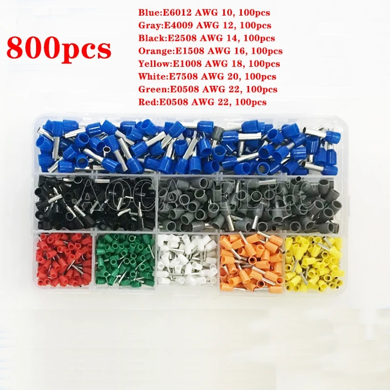 800pcs/lot  Bootlace cooper  Ferrules kit set Wire Copper Crimp Connector Insulated Cord Pin End Terminal