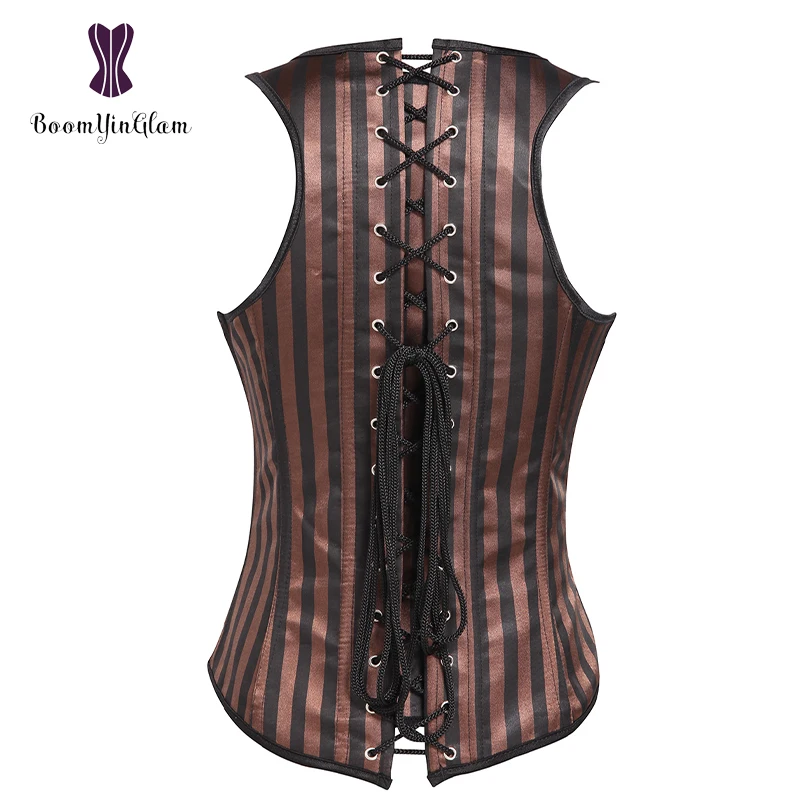 Adjustable Straps Women Brown Gothic Steampunk Boned Waistcoat Underbust Corset With Steel Boned J903#