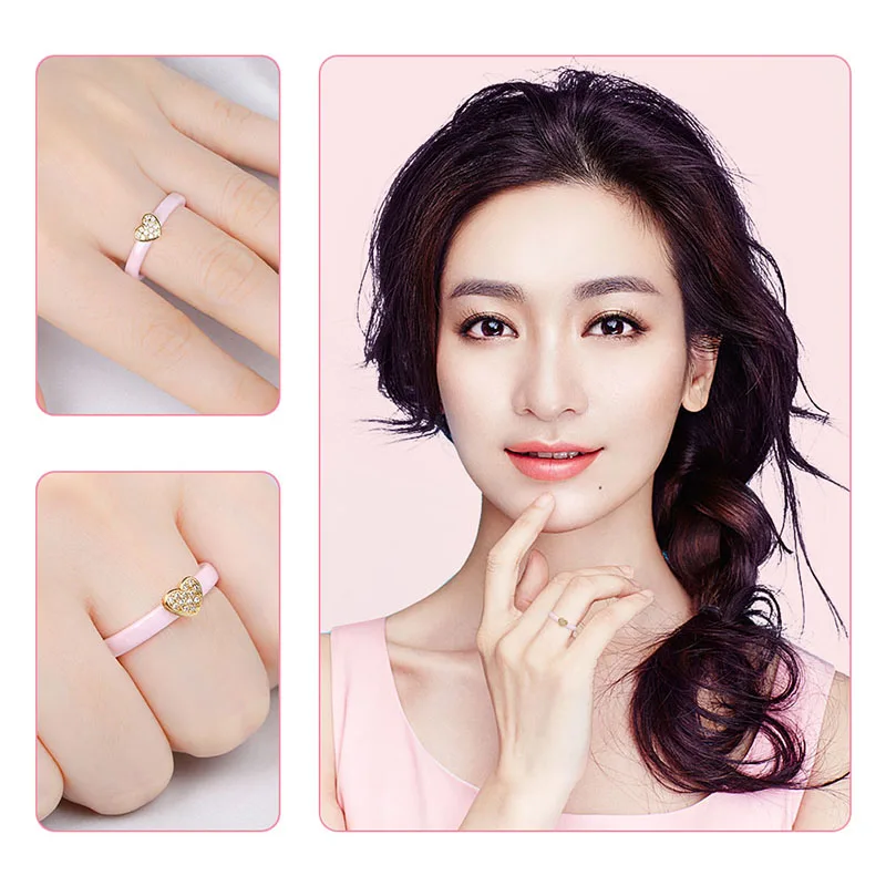 Healthy Pink Ceramic Rings With Lovely Gold Heart CZ Crystal 3mm Width Smooth Ceramic Rings anillos mujer Women Jewelry Hot Sale