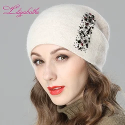 LILIYABAIHE Women Autumn And Winter Hat angora Knitted Skullies Beanies Cap Colored vertical strip diamond decoration hats