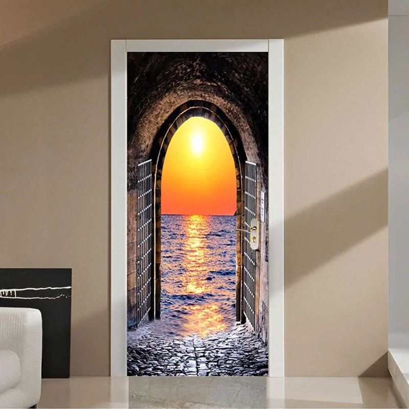 PVC Door Sticker 3D Sunset Seaside Landscape Wallpaper Modern 3D Murals PVC Self-Adhesive Waterproof Door Decor 3 D