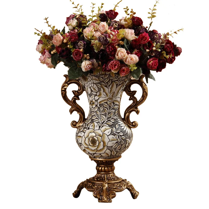 European-style new resin binaural vase home hand-painted Vintage carving antique countertop vase decorative ornaments