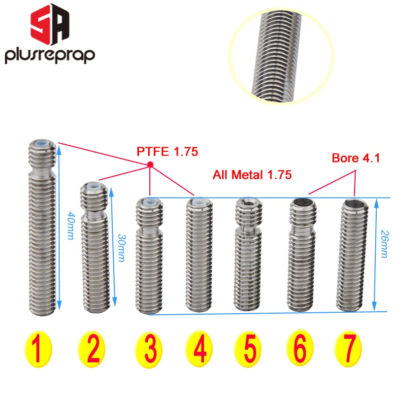 Piezas de impresora 3D para extrusora de boquilla de tubo de PTFE de garganta de acero inoxidable de filamento de 1,75mm MK8 M6 26mm 30mm 40mm de