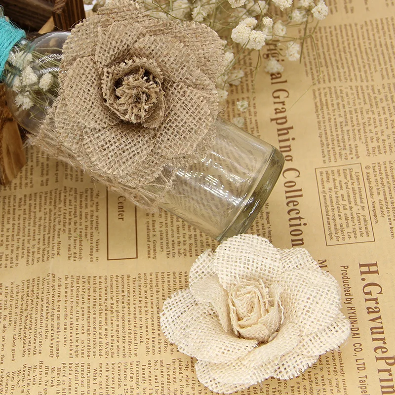 2/3/5 pièces 9cm Jute fait à la main hessienne toile de jute Rose fleurs Vintage rustique décoration de mariage Jute décorations de noël pour la maison