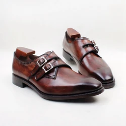 cie Square Toe Hand-Painted Patina Brown Double Monk Strapls Buckle 100%Genuine Calf Leather Breathable Outsole Men Shoe MS142