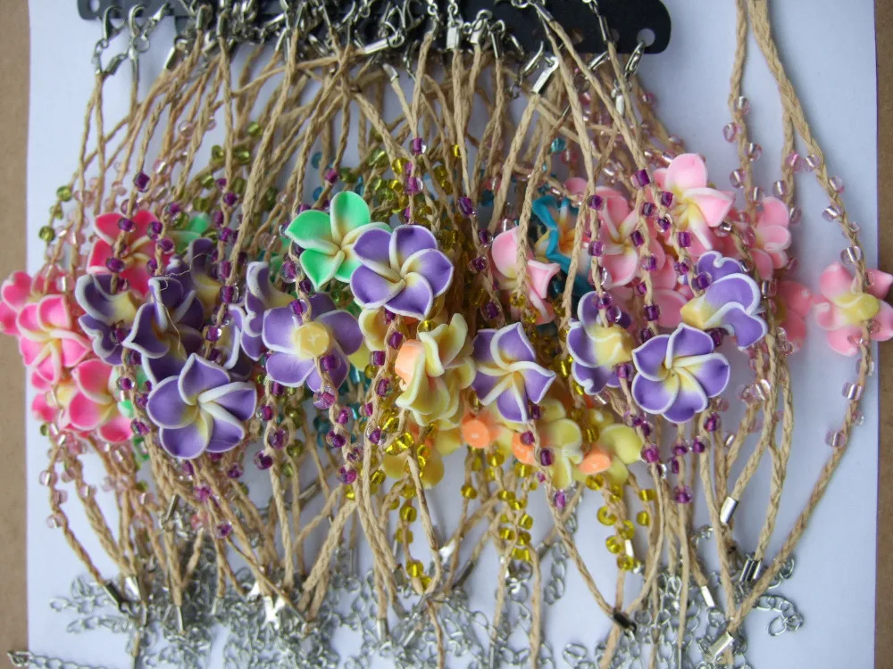 12pcs mixed color Natural Woven Raffia Plumeria Flower Clay Lucky Bracelets Fine Jewelry