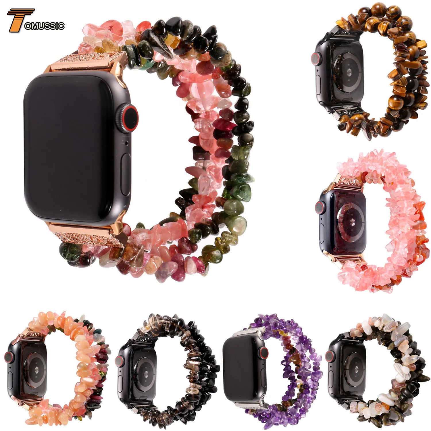 Women Crystal Bracelet For Apple Watch Band Series 1 2 3 4 5 Agate Stretch Gemstone Bracelet 38mm 40mm 42mm 44mm Strap Wristband