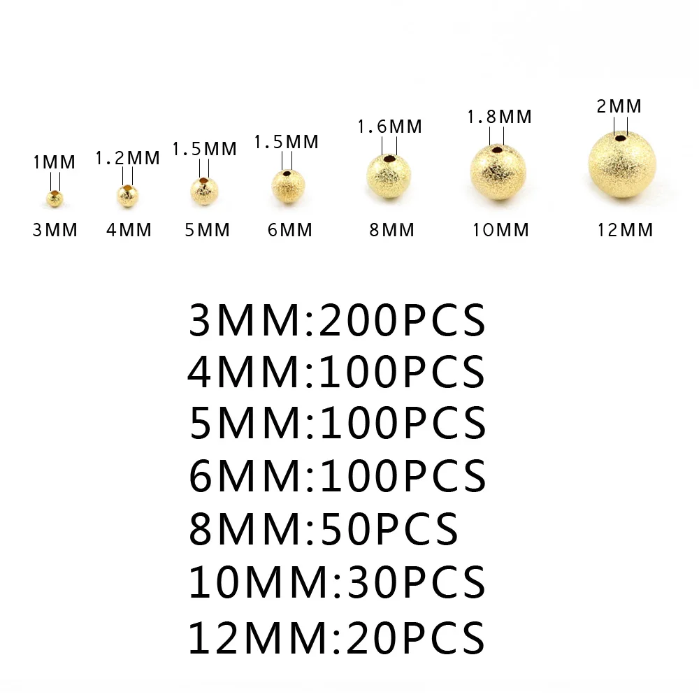 JHNBY Gold Plated Matte Metal bead 3/4/6/8/10MM Charms Round Copper Spacer Loose beads for Jewelry bracelet necklace making DIY