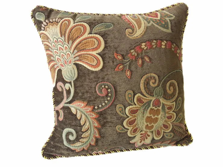 Deluxe High Quality Soft Brown Floral Jacquard Woven Chenille Pillow Case Decorative Cushion Cover 45x45 cm Rope Pipping Pillows