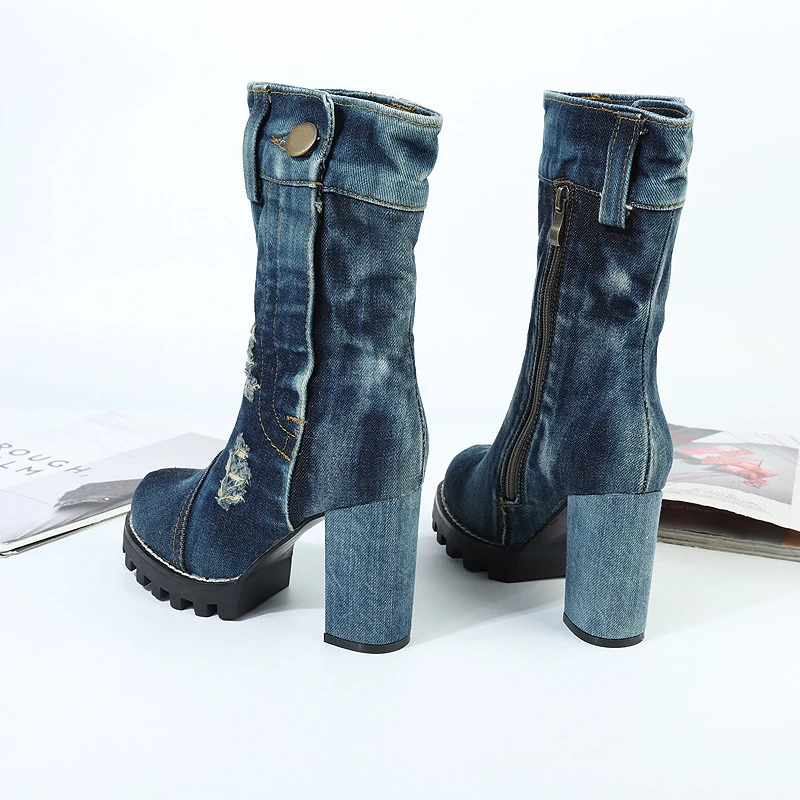 Women High Boots Chunky High Heel Denim Botte Femme Ladies Platform Rubber Shoes Punk Style Ladies Jean Riding Botas