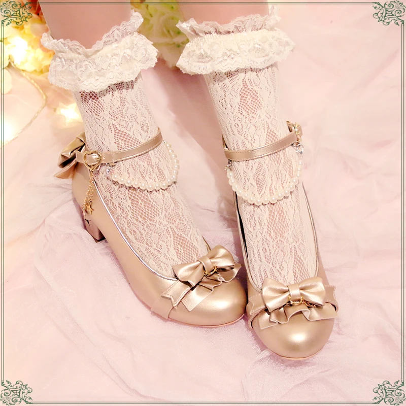 

Cosplay Shoes Lolita Stars Pearl Lace Bowknot Princess Note Girl Shoes Jk Uniform Lolita High Heel Student Shoes Tea Party Princ