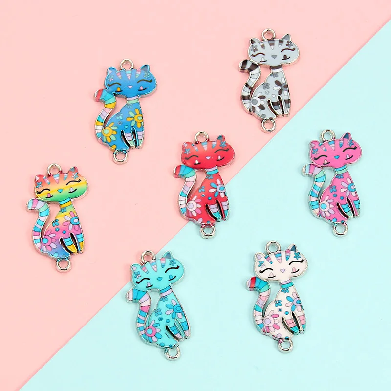 10pcs Cat Enamel Alloy Bracelets Connectors Animal Charms Fashion DIY Necklace Women Jewelry Accessories Finding 3*1.6cm