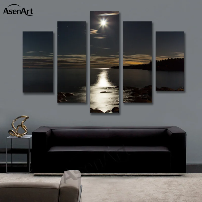 

Wall Art Moon Picture, Night Sea Landscape Painting for Living Room, Modern Home Decor, Canvas Prints, No Frame, 5 Panel