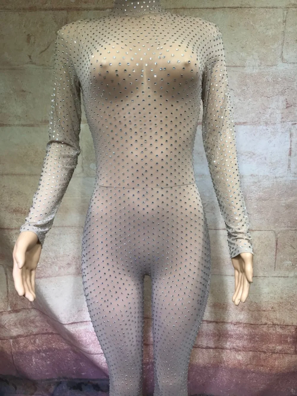 2019 Fashion Nude Mesh Rhinestone Jumpsuit One-piece Stretch Sexy Perspective Stones  Stage Celebrate luxurious Leggings