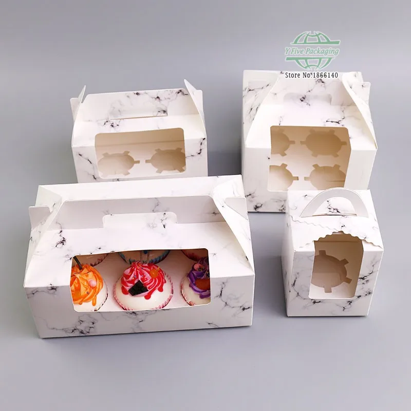 Marble Pattern Cupcake Paper Boxes With Handle Biscuits Boxes Baking Cake Box with Window 100pcs/lot Free shipping