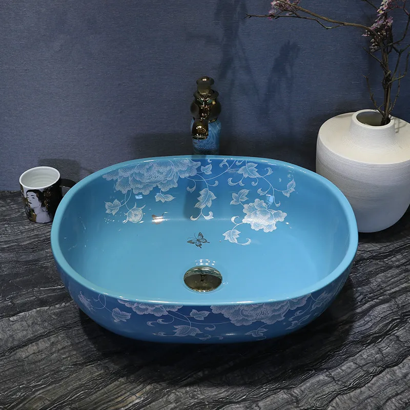 Handmade Europe Style Lavobo Ceramic Bathroom Luxurious Artistic Bathroom Sink Countertop hand painted wash basins ceramic oval