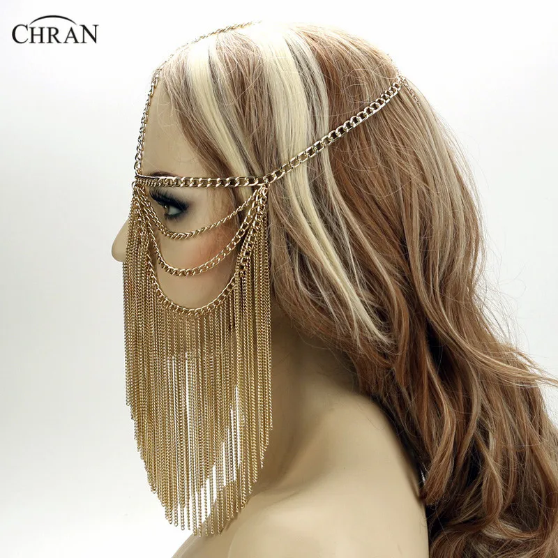 Chran Sexy Gothic Multi Layer Tassel Head Chain For Women Headdress Jewelry Forehead Headband Face Mask Bodychain