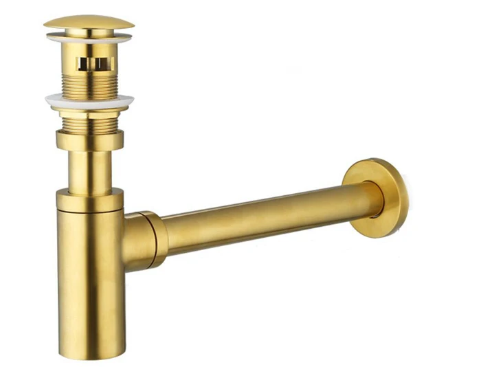 Brass Bathroom Basin Bottle Trap, Brushed Gold P Trap with Unslotted Pop Up Drain Slotted Strainer PO09